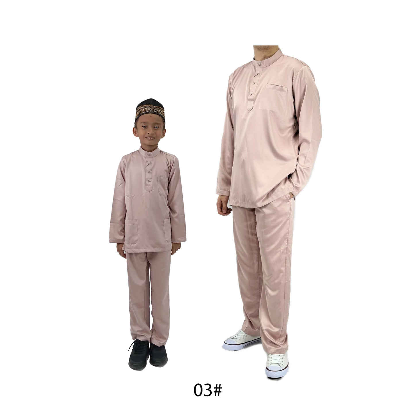 Bentop Baju Melayu Slim Fit Dewasa dan Kanak-kanak [2] Fabric Satin Pocket Family set 1 Crystal butang