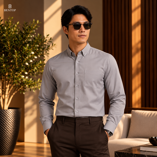 BENTOP Cotton Mix Comfort Slim Fit Shirt (Long Sleeve) | Kemeja Kerja Lelaki | 8 Warna